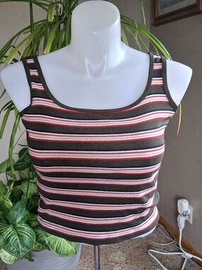 Vintage Y2K Jordache Olive Green Striped Scoop Neck Tank Grunge 90s Boho Indie
